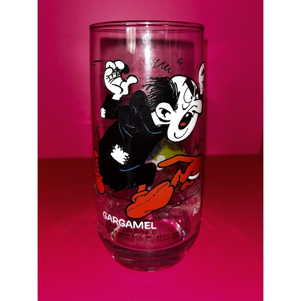 Vintage GARGAMEL &‎ AZRAEL Smurfs Glass Tumbler Cup Peyo Wallace Berrie 1982